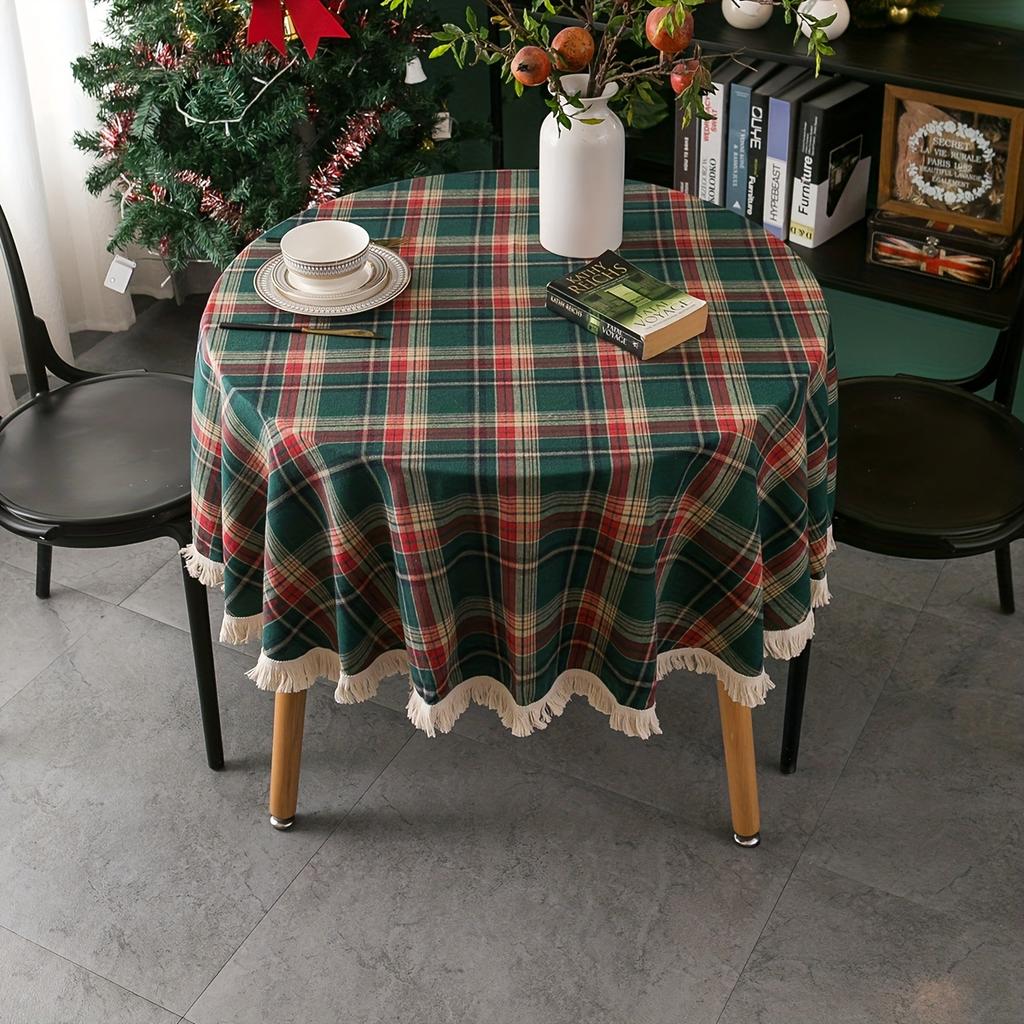 Vintage Red Green Plaid Tablecloth With Tassels, Perfect For Christmas & Party Table Decor.