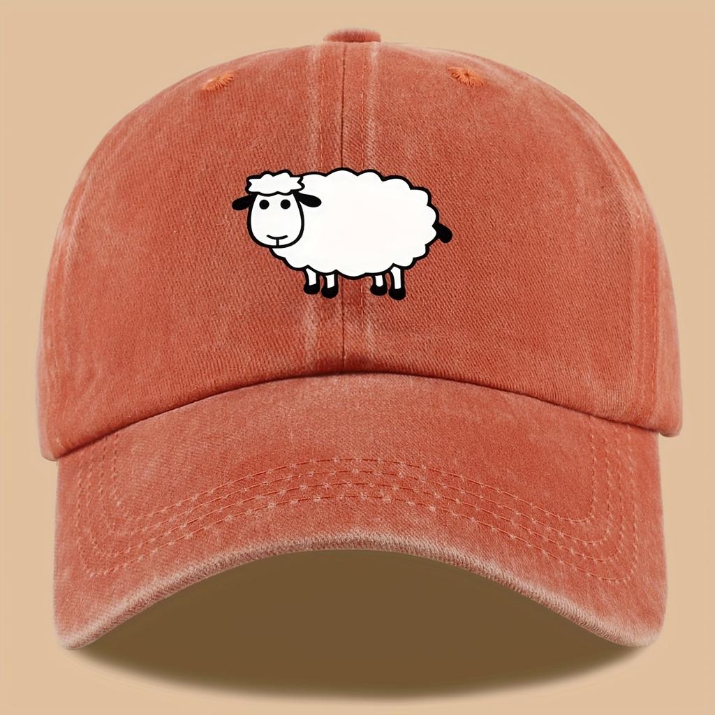Lamb print truck cap with adjustable retro wash design suitable for outdoor activities, vacations, hiking, fishing
