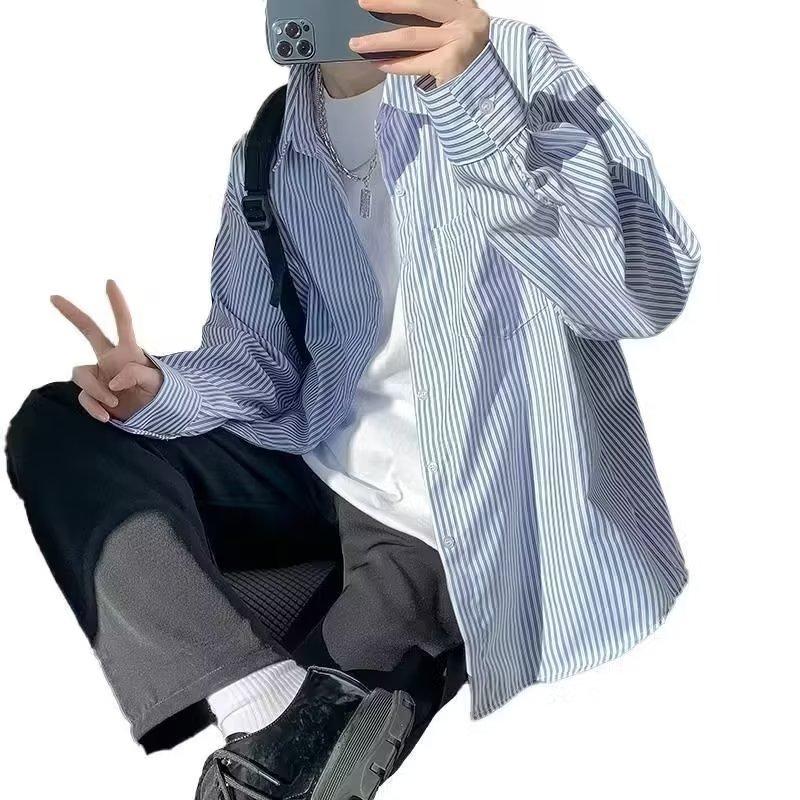 Spring And Autumn Long Sleeved Vertical Stripe Shirt For Men, Fat And Large Casual High Street Youth Shirt