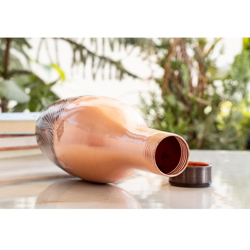 Copper Zebra Embossed Designer Bedroom Bottle – 1150 ML | Antique Finish Ayurvedic Water Jar with Leak-Proof Cap for Home, Office & Gifting