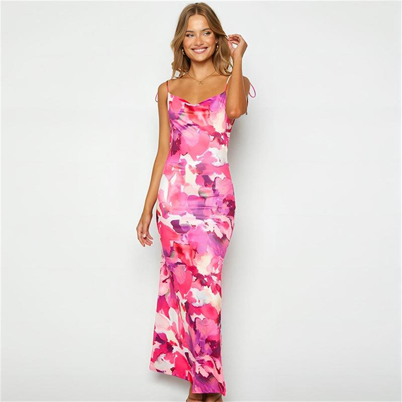 Fashion Floral Suspender Dress Sexy Open Back Split Lace Print Long Skirt High Waist Slim Summer Women's Dress