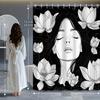 Black & White Line Sketch Beauty with Lotus Shower Curtain – 12 Hooks, Elegant Bathroom Decor