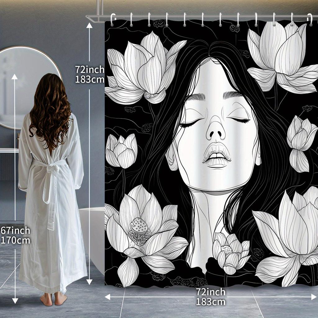 Black & White Line Sketch Beauty with Lotus Shower Curtain – 12 Hooks, Elegant Bathroom Decor