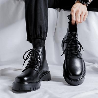 Mode Herrenmode Schwarze Lederstiefel Plateau Stiefeletten Bequem Weich Outdoor Sport Bergsteigen Herren Motorrad Warme Stiefel