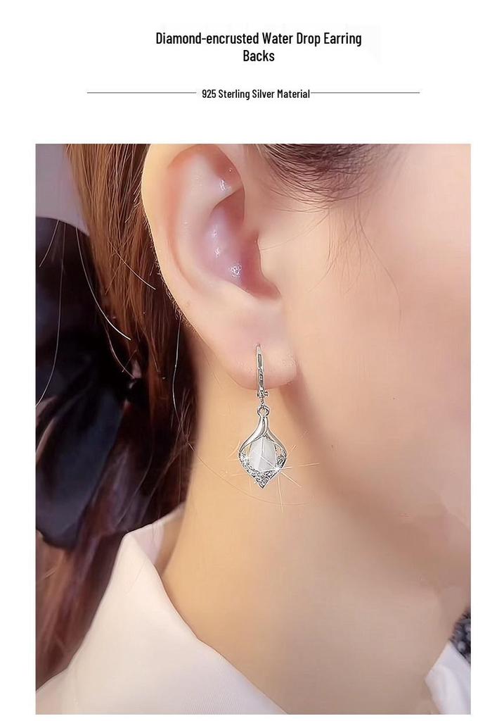 925 Sterling Silver Angel Teardrop Earrings for Women, High-End Niche Light Luxury with Cat's Eye Stone.