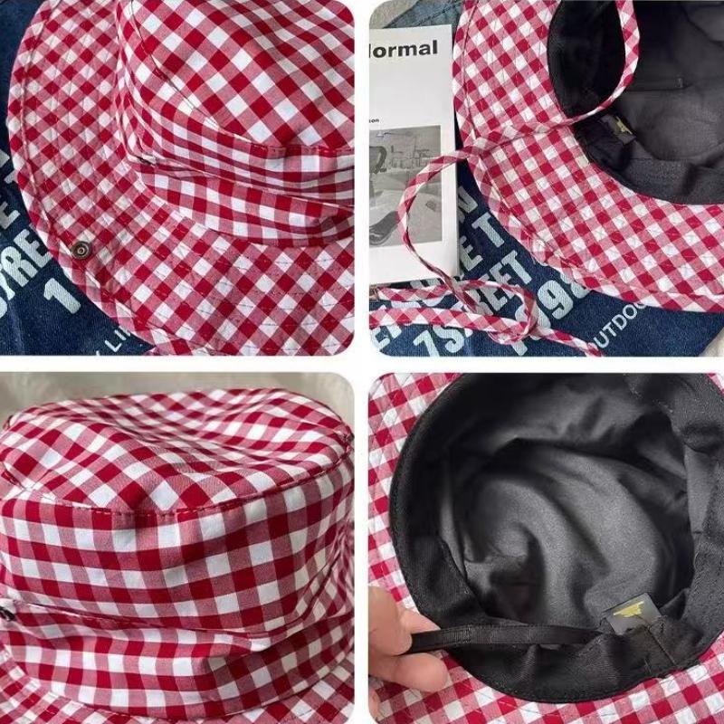 Vintage Plaids Bucket Hats Women Versatile Sweet Lace-up Fisherman's Hat Summer Big Brim Sun Protection UV Protection Sun Hat