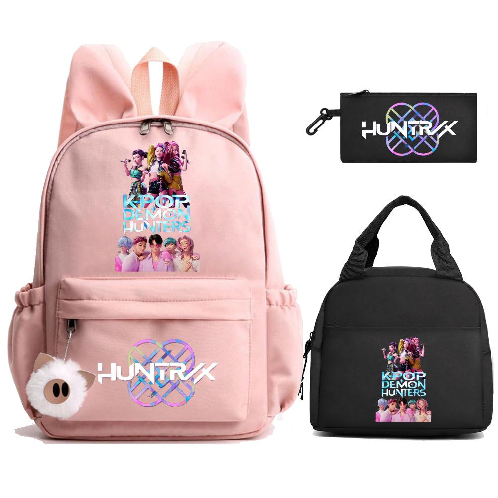 3 st/set Kpop Demon Hunters Tryckt Ryggsäck med Matlåda Pennfodral för Tonåring Flicka Pojke Tillbaka till Skolan Skolväska Stor Kapacitet Resväska