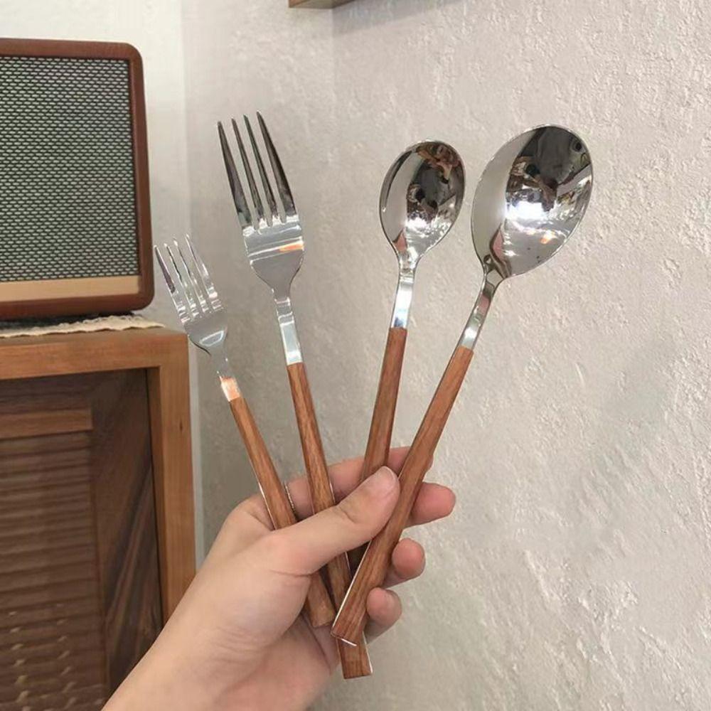 Simplicity Stainless Steel Spoon Fork Knife Wood Grain Portable Steak Knife Western Tableware Thickened Dessert Spoon