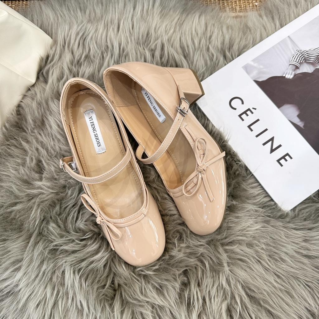 Süßes Mädchen dicker Absatz plus Innenhöhe 8cm runde Spitze Mary Jane Temperament Damen High Heels, flacher Ausschnitt Schleife Damenschuhe