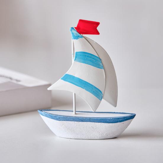 Sailboat Ornament, Wooden Iron Desktop Figure, Small Nautical Tabletop Decoration, Blue White Striped Lifebuoy Starfish Marine Style Ornament