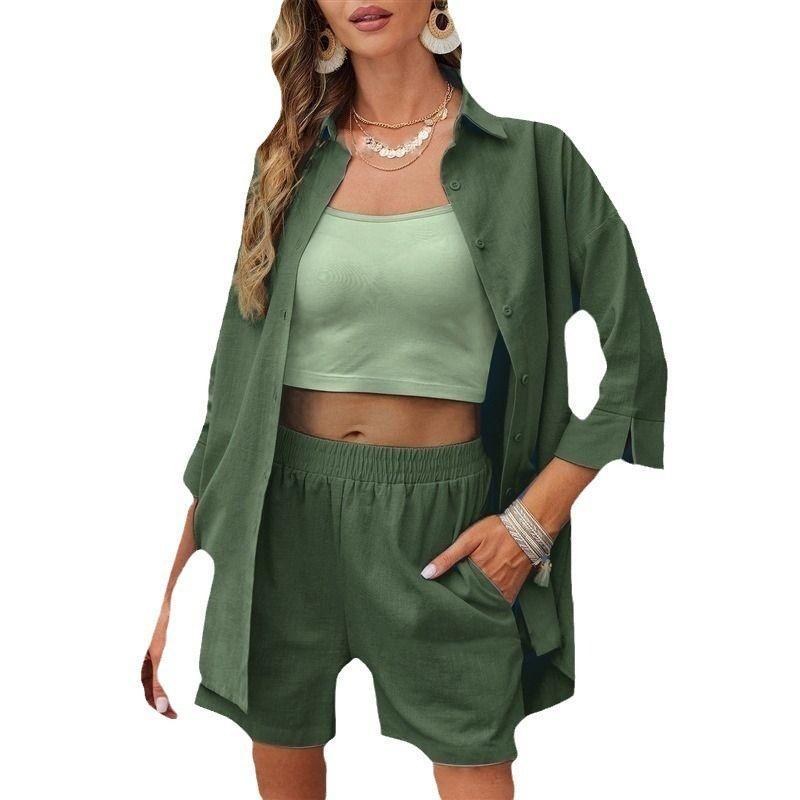2025 European and American Solid Women Casual Loose Short Sleeve Shorts Set Casual Loose Shorts Set