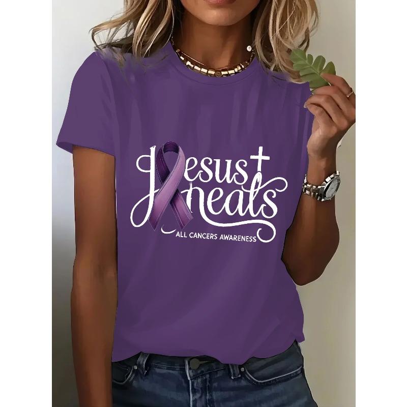 NEW Womens ALZ Print Short Sleeve TShirts Summer Round Neck Casual Tops Tees