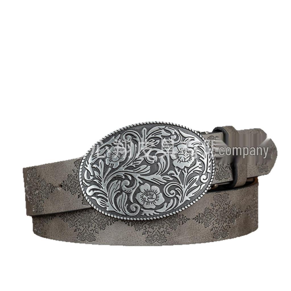 Western Cowboy Oval Belt with Carved Buckle - Stylish Unisex PU Leather Waist Accessory