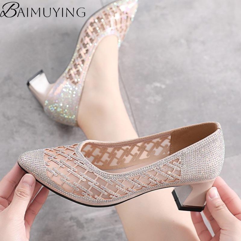 

Fashion Crystal Heeled Sandals Woman Shoes Pointed Toe High Heels Mesh Hollow Elegant Dress Wedding Pumps 2025 New Chunky Party Zapatos 40 золотой