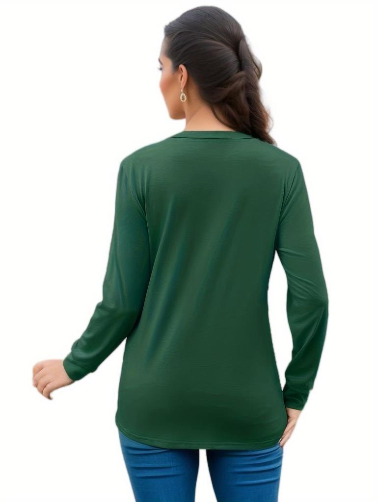 European & American Women's Autumn Ruched V-neck Ruffle Long Sleeve Loose T-shirt