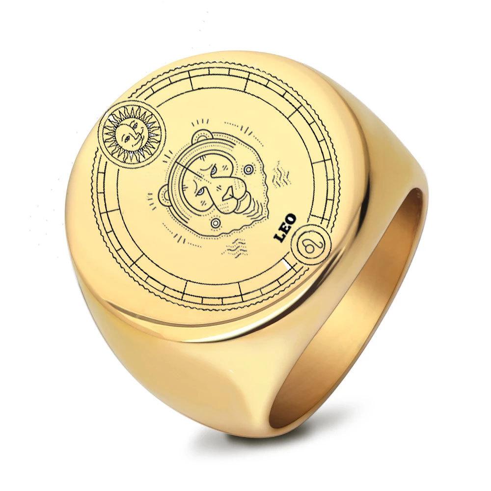 22mm Round Stainless Steel Zodiac Sign Men Ring Retro Fashion Index Finger Ring for Men