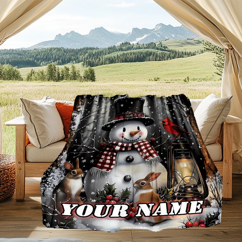 1PC Custom Name Winter Snowman Lantern Scene outdooor Flannel blankets Throw Blanket All-Season Throw Gift Bedspread for Couch, Bed, Camping Holiday B
