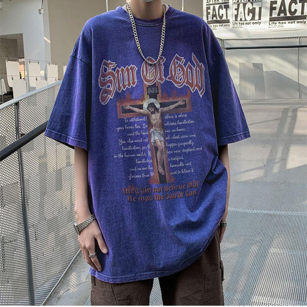 100 % bomull Acid Washed Vintage Kortärmad T-shirt Framtryck Streetwear HipHop Harajuku Oversized T-shirts