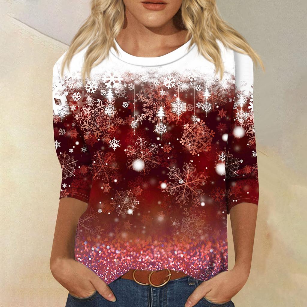 Dámská móda ležérní tričko s kulatým výstřihem, 3/4 rukávem, volným potištěným tričkem, dámský top