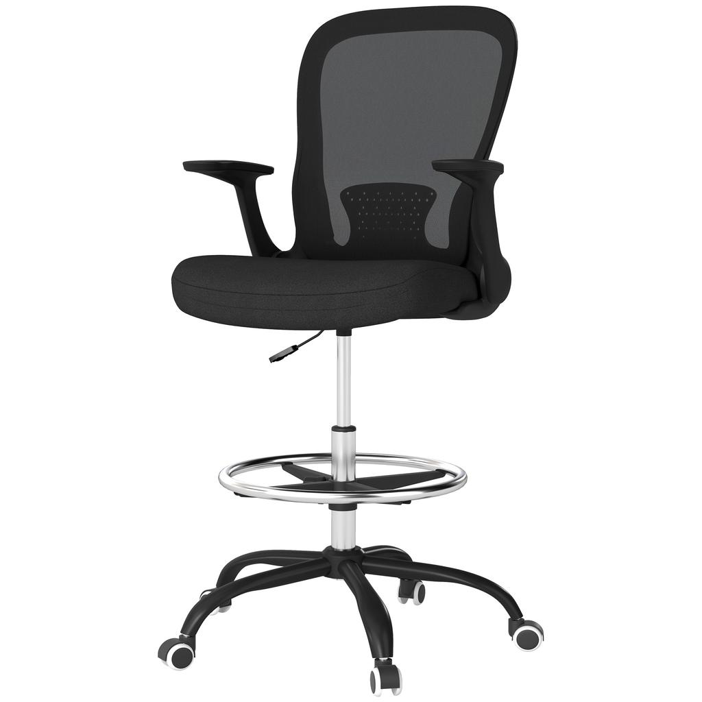 Draughtsman Chair, Mesh Drafting Chair, Ergonomic Office Chair with Flip-up Armrest, Adjustable Foot Ring, Black