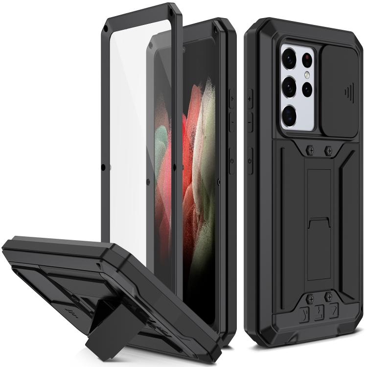 

For Samsung Galaxy S21 Ultra 5G R-JUST Sliding Lens Cover Shockproof Dustproof Waterproof Metal + Silicone Case with Invisible Holder For Samsung Galaxy S21 Ultra 5G чёрный