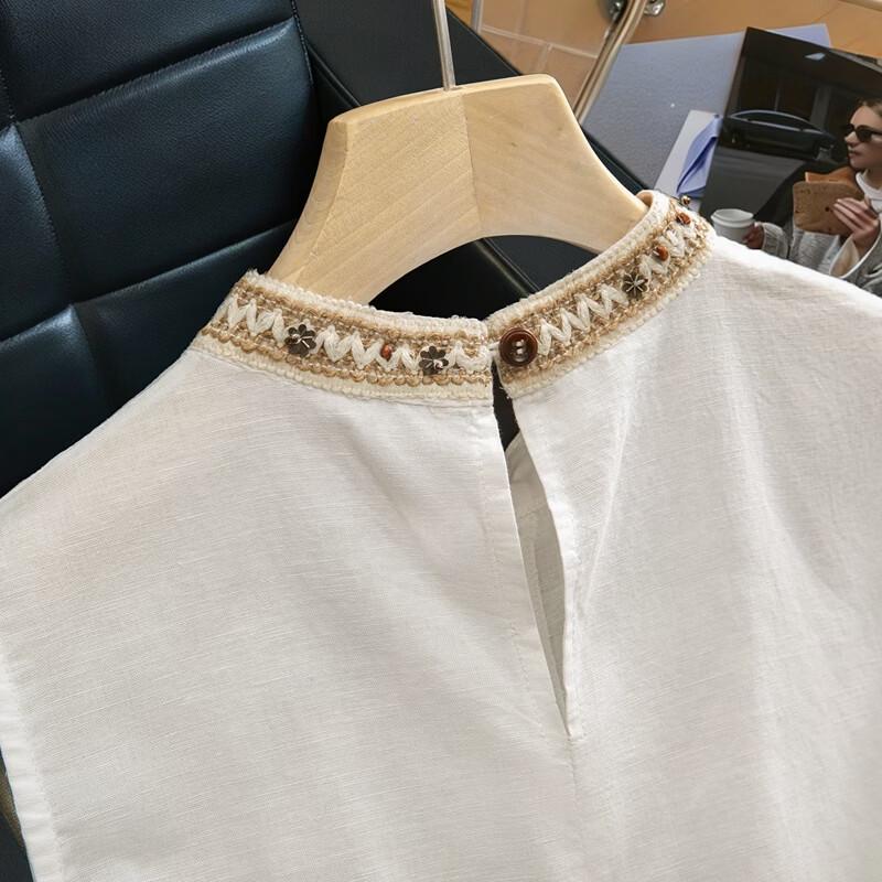 Women's Beaded Linen Blend Round Neck Blouse