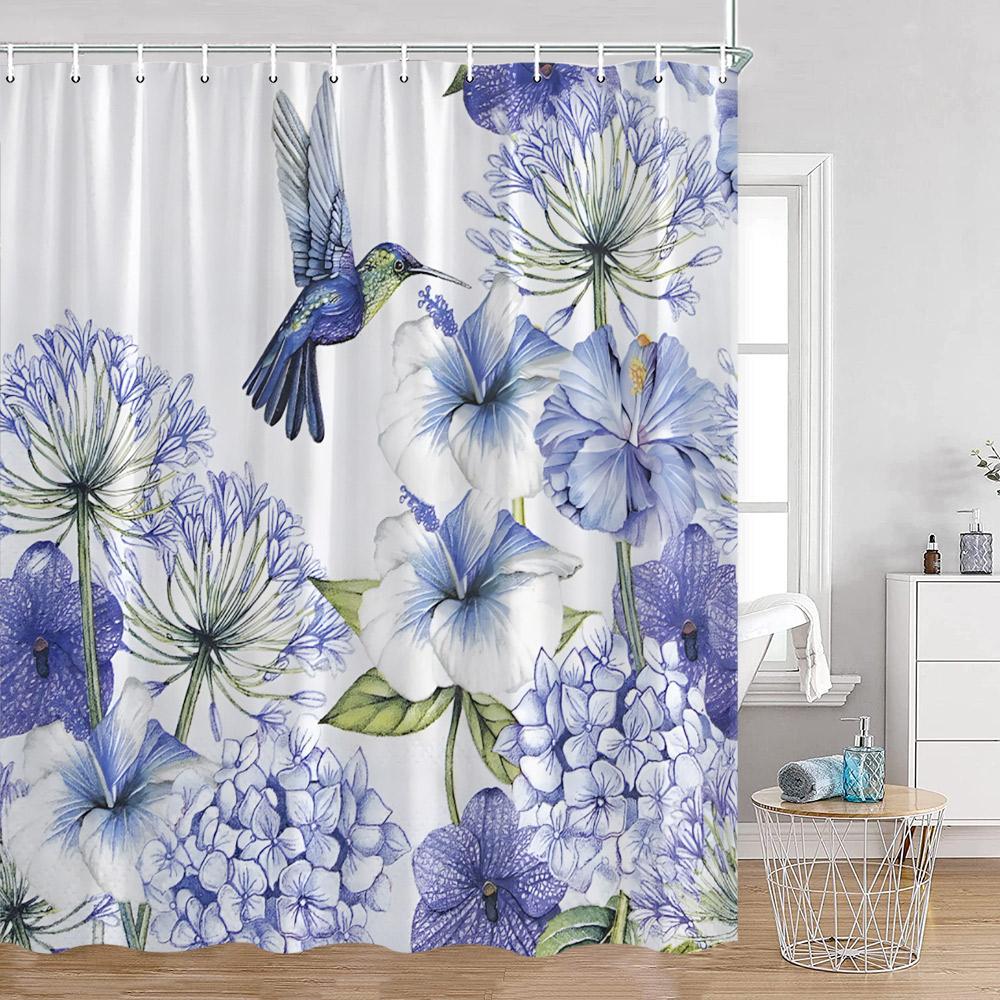 Floral Shower Curtain Colorful Flowers Birds Butterfly Botanical Green Leaves Bathroom Curtains Modern Bathtub Decor with Hooks