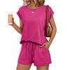 Women's 2 Piece Outfit Cap Sleeve Button Detail Top Drawstring Pocket Shorts Casual Loungewear Set