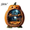 Halloween Cobweb Decorations Centerpiece Pumpkin, Wooden Pumpkin Ornament with Miniature Scenes, Rustic Detailed Scene Decor Skeleton for Farmhouse