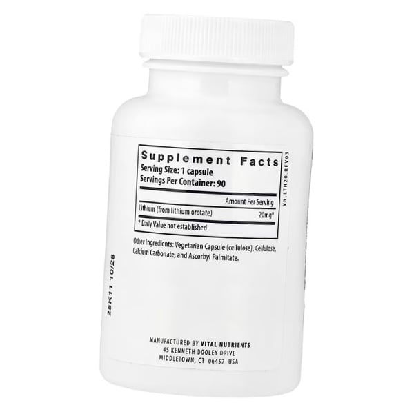 Литий Оротат, Lithium 20, Vital Nutrients  90вегкапс (36689001)