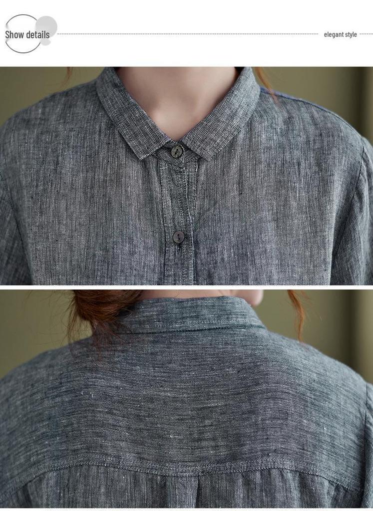 2026 Spring Retro Loose Fit Cotton Linen Lapel Shirt - Women's Plus Size, Long Sleeve