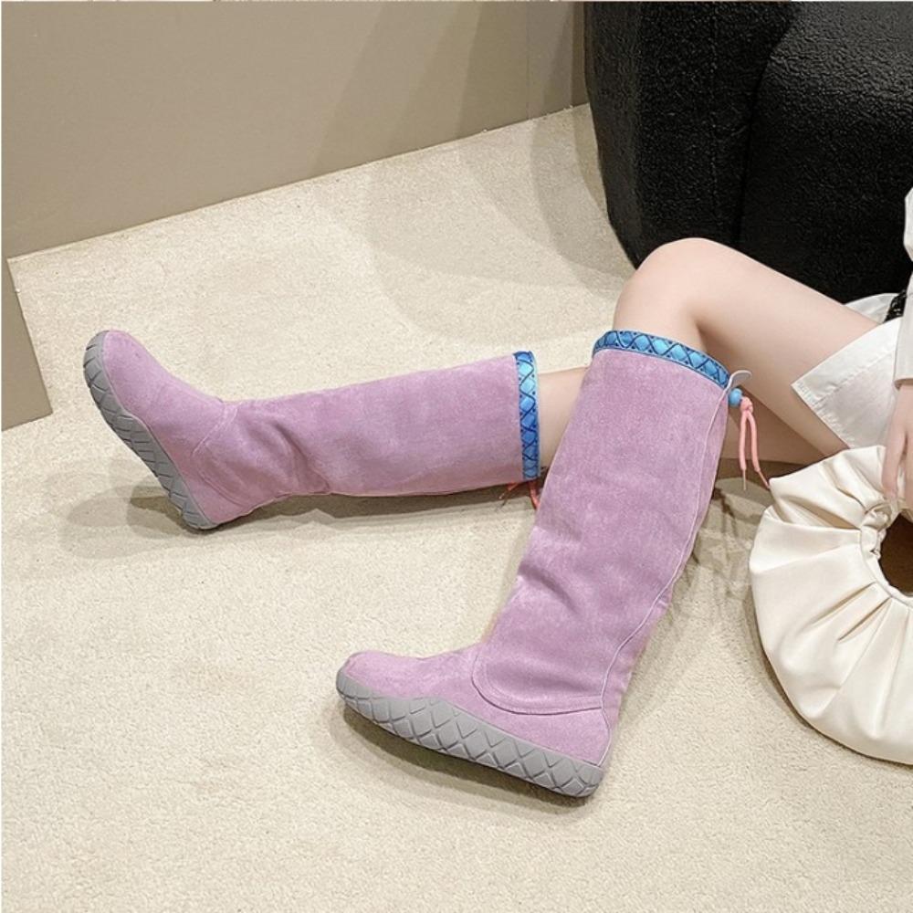 Women's Winter Long Boots Violet Long Tube Boots Women Shoes Retro Style Round Toe Versatile with Plush High Tube Knight Boots
