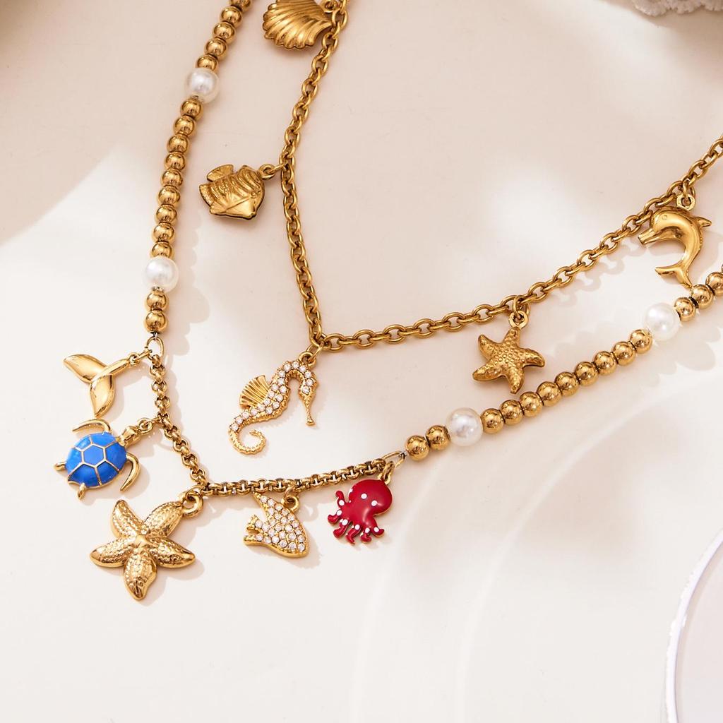 Ocean Style 18K Gold Plated DIY Enamel Jewelry Set with Zircon Seahorse & Starfish Pendants