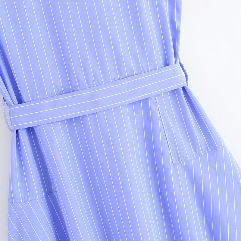 Kaslead New Women Clothes Western Style Fashion Simple Sleeveless Blue Stripe Shirts Dress