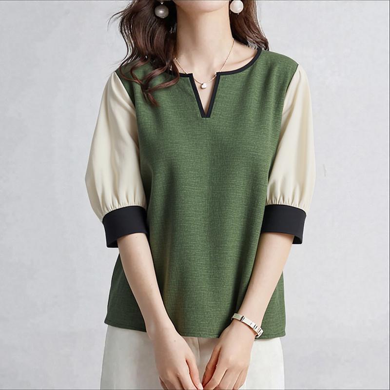 

ZANZEA Женская повседневная блузка с V-образным вырезом, пэчворком и рукавом до локтя, свободного кроя S зелёный