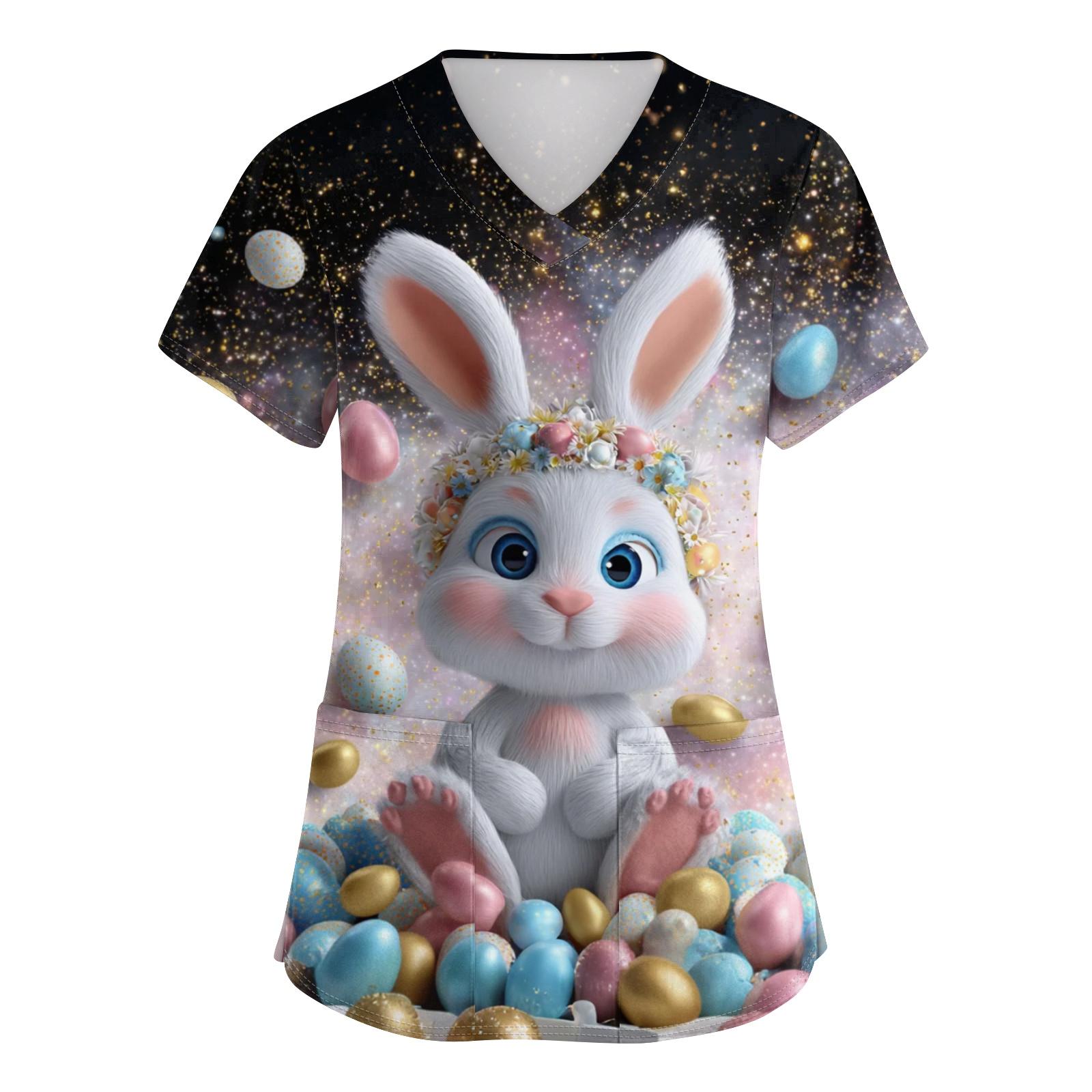 

Женский защитный костюм-топ с V-образным вырезом, принтом из мультфильмов, коротким рукавом, карманом и боковым разрезом S розовый