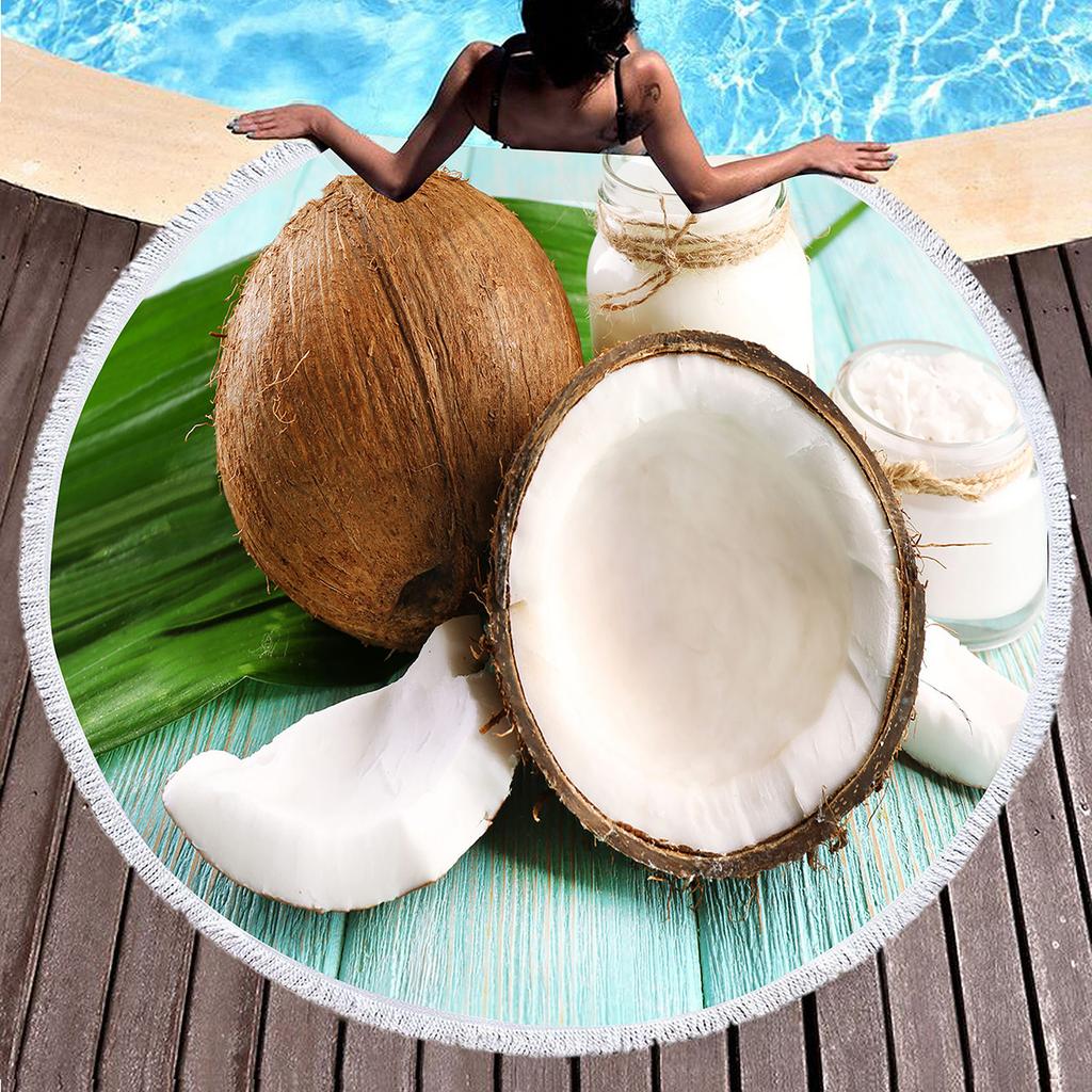 Tropical Fruit Coconut Print Round Beach Towel Microfiber Absorbent Circle Beach Blanket Hawaiian Yoga Mat Meditation Picnic Rug