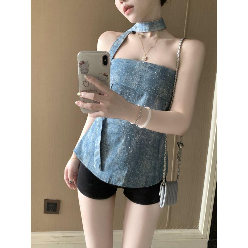 Kumikumi Retro Distressed Washed Hot Drilling Denim Tube Top Women clothes Summer Sexy Waist Hugging Slimming Versatile Vest