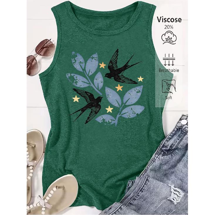 2026 Trendy Vintage Swallow Leaf Star Print Women Sleeveless Tank Top High Quality Casual Spring Summer Vest