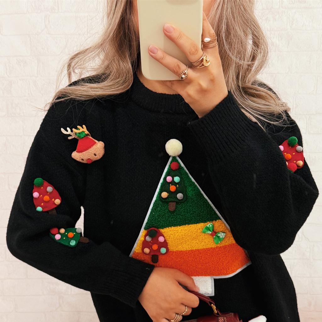 Damski Modny Świąteczny Sweter z Długim Rękawem z Okrągłym Dekoltem