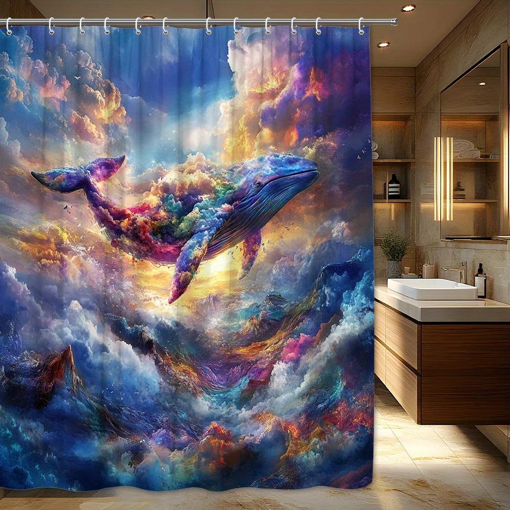 

1Pc Whimsical Rainbow Whale In Dreamy Sky Shower Curtain, Surreal Marine And Cloud Scene, Polyester Bathroom Decor With 12 Hooks W60H190(CM)-1 Pcs
