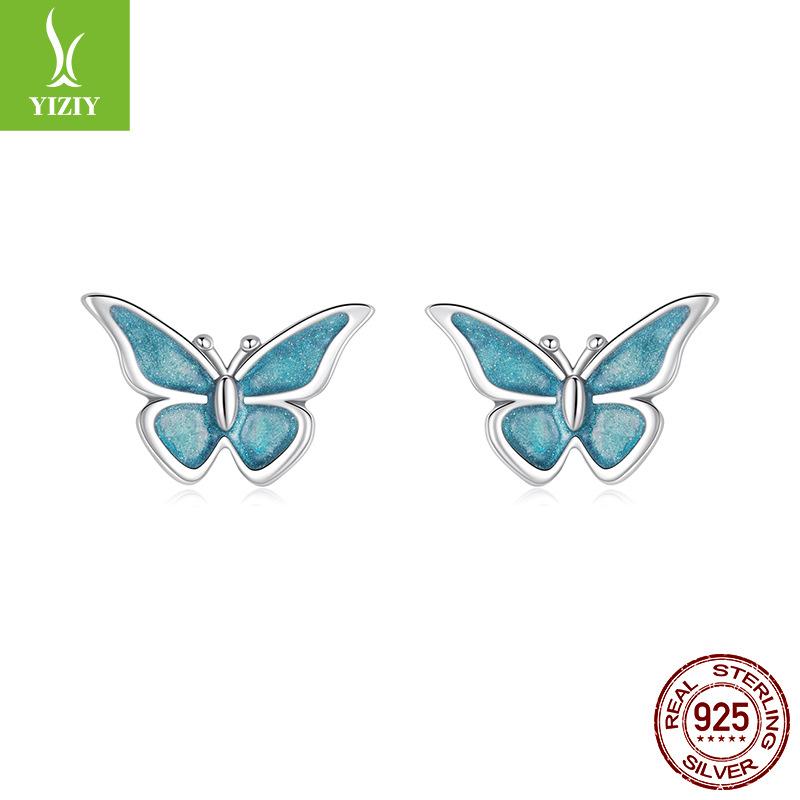 S925 Sterlingsilber Blaue Schmetterling Kleine Ohrstecker Damen Traum Kleine Frische Insekten Ohrstecker