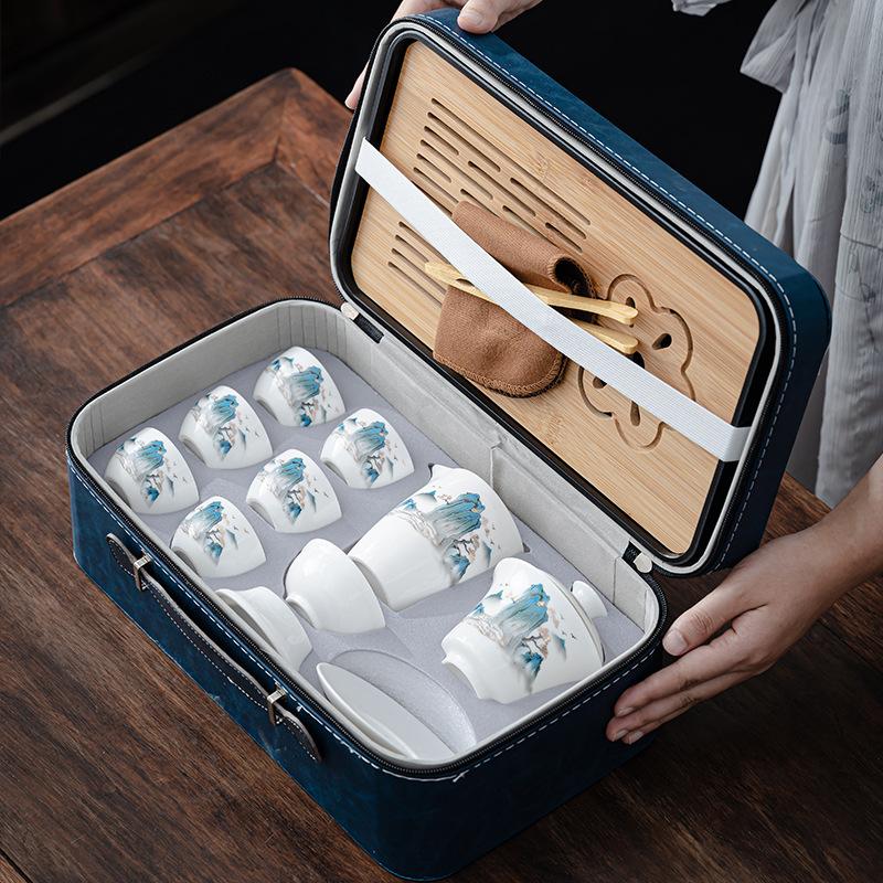 Suet jade white porcelain tea set portable outdoor travel kung fu tea set household cover bowl teacup business gift