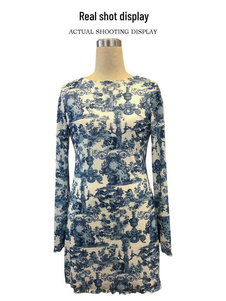 2025 Spring/Summer Women's Printed Flared Sleeve Backless Mesh Dress