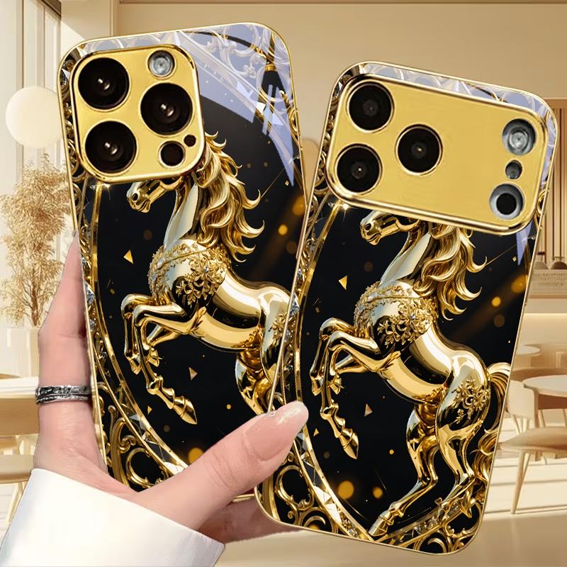 Unicorn Ornate Gold Electroplated Golden Phone Case For iPhone 14 17 16 15 13 12 11 Pro Max Plus 16E 17Air XR 7 8 Xs Glass Cover
