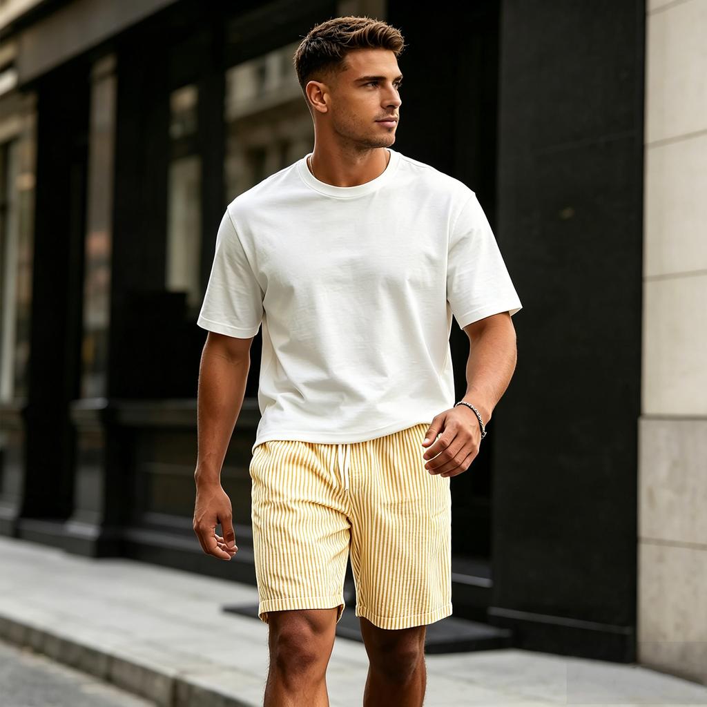 Herrshorts, Casual, Randiga, Linne, Elastisk Midja, Dragsko, Sommar, Strandshorts, Med Fickor, Lös Passform, Bomullslinne Shorts
