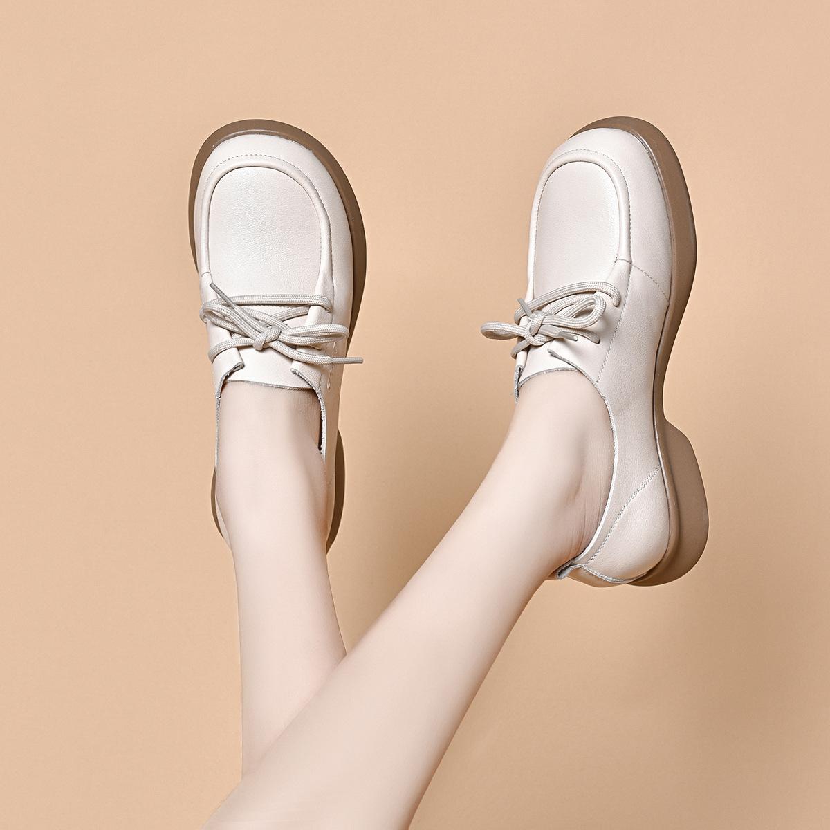 

Round head small leather shoes women s shoes 2024 spring British style lace-up loafers first layer cowhide women s flat shoes four seasons shoes 40 бежевий