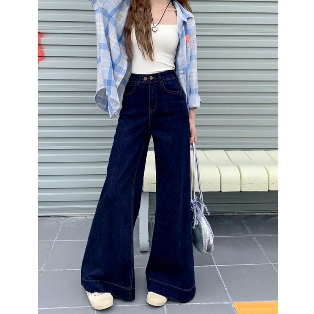 Korean Version of Double-button Wide-leg Jeans for Women's Spring and Autumn New Trendy Fashion and Thin Straight Floor-mopping Jeans