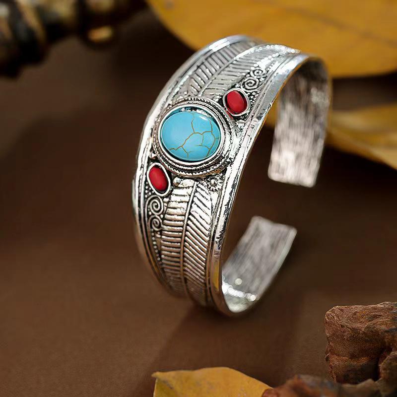 Vintage Turquoise and Orange Oval Adjustable Statement Bangle Bracelet