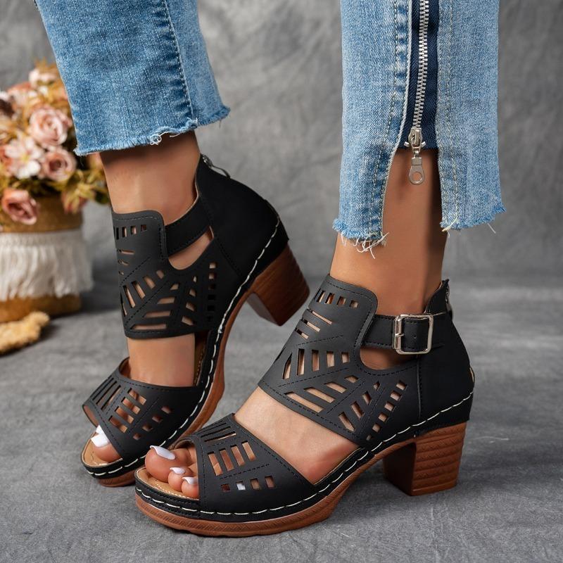 Women's Western Style Cutout Sandals, Chunky Heel Dressy Evening Shoes, Breathable Open-Toe Heels Wide Width Available